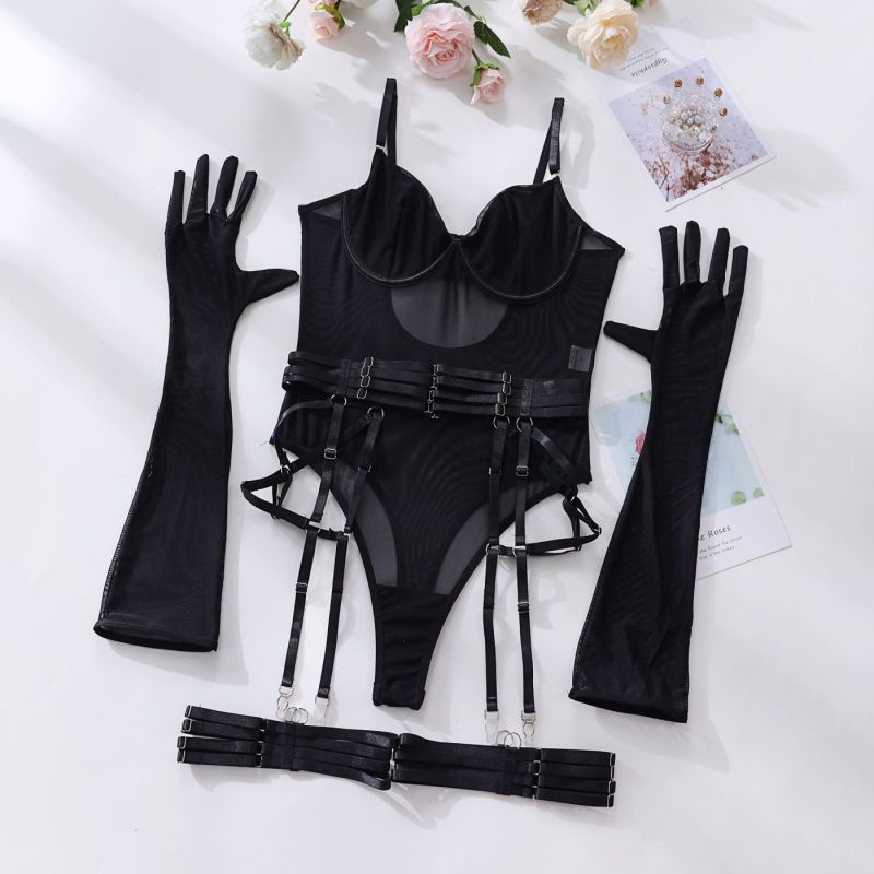 Women's Sexy One-Piece Bodysuit with Gloves and Bandage See-Through Mesh Suit Black