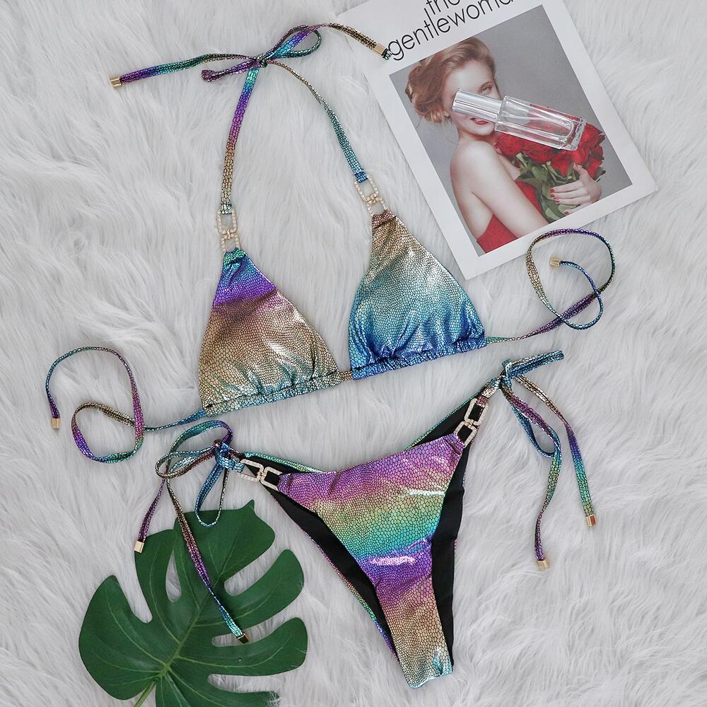 Metallic Coated Fabric Sexy Bikini Set Colorful Snake Pattern Bronzing Split Strap Women Swimsuit Rhinestone Accessories Swimsuit Violet Color
