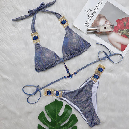 Sexy Crystal Diamond Bikini Strap Women Split Swimsuit Beach Swimsuit Blue