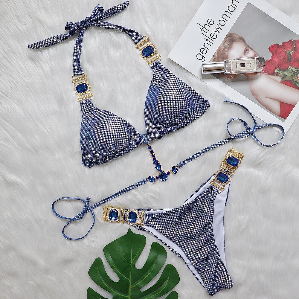 Sexy Crystal Diamond Bikini Strap Women Split Swimsuit Beach Swimsuit Blue