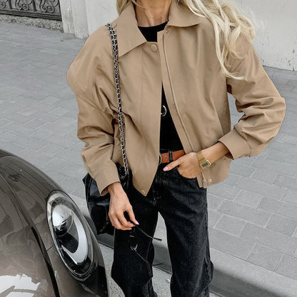 Khaki Trench Coat Women Simple French Collared Overalls Loose Bomber Jacket Design Women Clothing