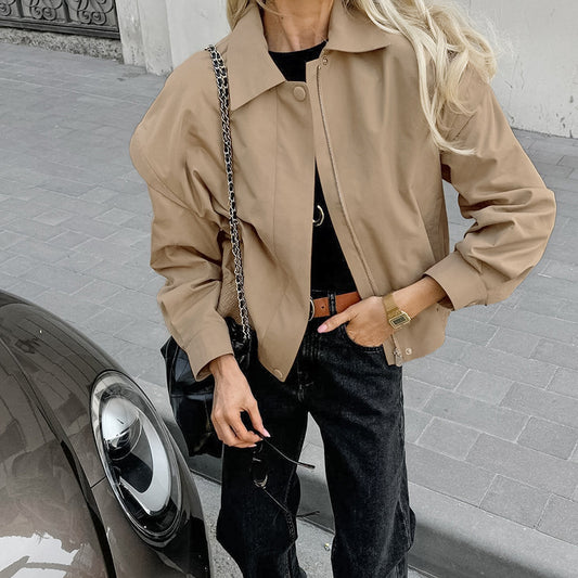 Khaki Trench Coat Women Simple French Collared Overalls Loose Bomber Jacket Design Women Clothing