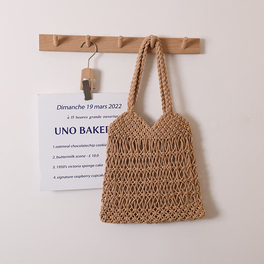 Hollow Out Cutout One Shoulder Cotton Thread Woven Bag Floral Straw Bag Vacation Beach Bag Women Bag One Size V-Shaped Twist Coffee