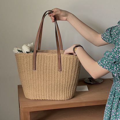 Simple Straw Bag Straw Bag Woven Bag Vacation Beach Bag All Match Shoulder Bag Summer Office Tote One Size Belt Shoulder
