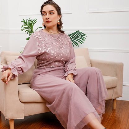 Plus Size Middle East Light Luxury Dress Elegant One Piece Trousers High Waist Loose Wide Leg Flared Pants