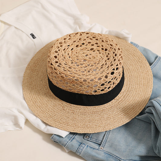 Lafite Cap Hollow Out Cutout Flat Top Sun Hat Summer Hand Woven Straw Hat All Match Travel Vacation Beach Hat
