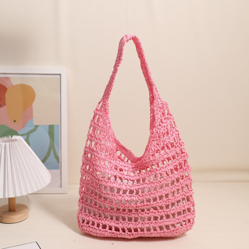 French Large Capacity Shoulder Straw Bag Hollow Out Cutout Tote Portable Straw Bag Woven Bag Seaside Vacation Beach Bag One Size Pink