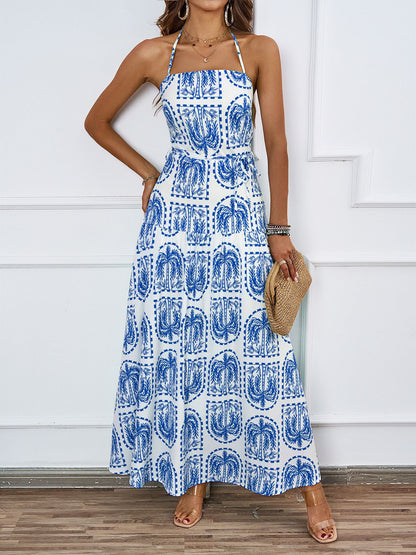 Women Floral Halter Beach Hawaii Holiday Dress Blue Pattern