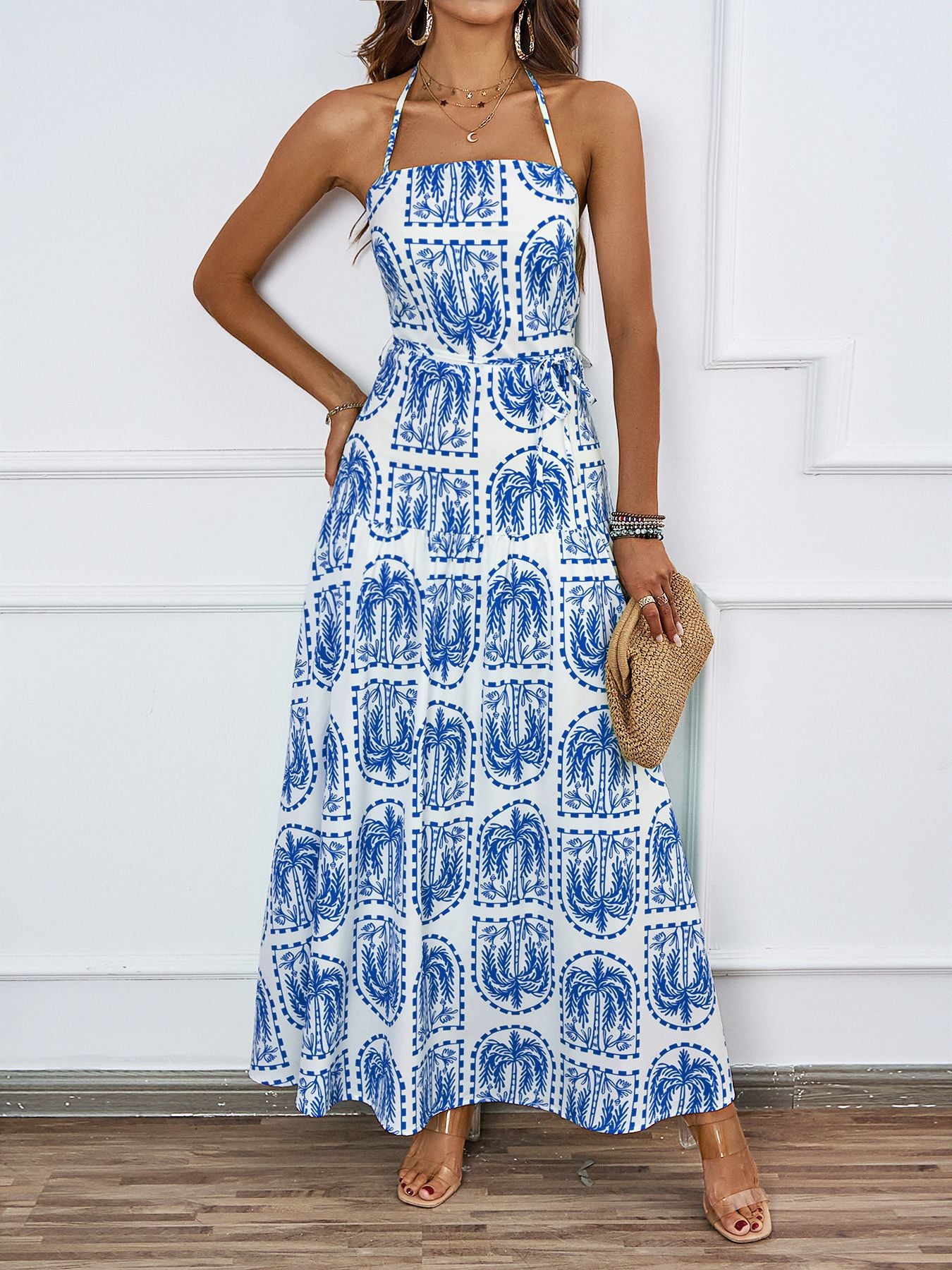 Women Floral Halter Beach Hawaii Holiday Dress Blue Pattern