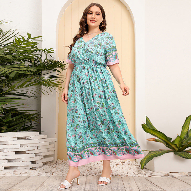 Plus Size Women Loose V neck Dress High Waist Dress Seaside Vacation Beach Dress 016 Green