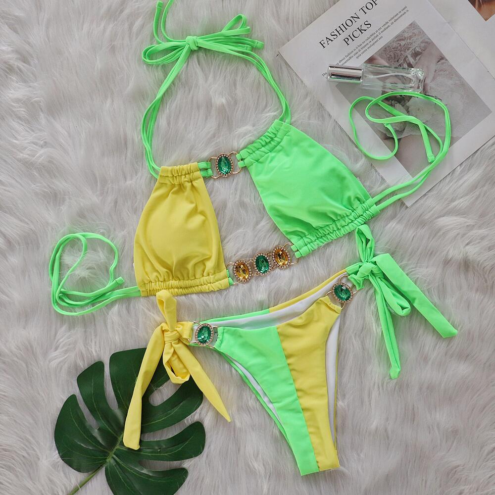 Baizi Crystal Diamond Bikini Sexy Patchwork Strap Women Split Swimsuit Multi-1