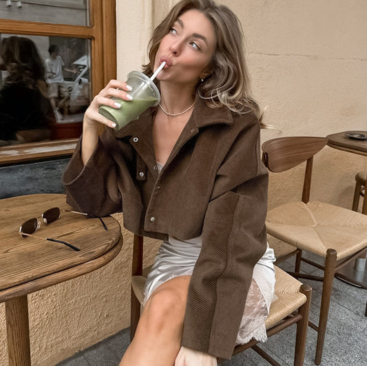 Early Autumn Coat Women Corduroy Retro Maillard Long Sleeve Trendy Casual All Matching Short Cardigan