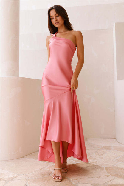 Spring Summer Sexy Oblique Shoulder Slim Fit Lace up Backless Fishtail Dress Peach