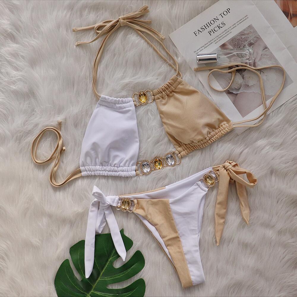 Baizi Crystal Diamond Bikini Sexy Patchwork Strap Women Split Swimsuit 6