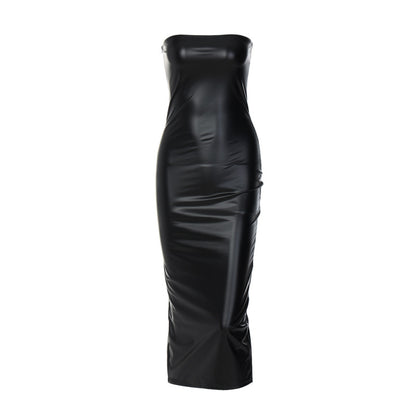 Women Clothing Autumn Sleeveless Tube Top Sexy Slimming Slit Mid Length Sheath Dress Women