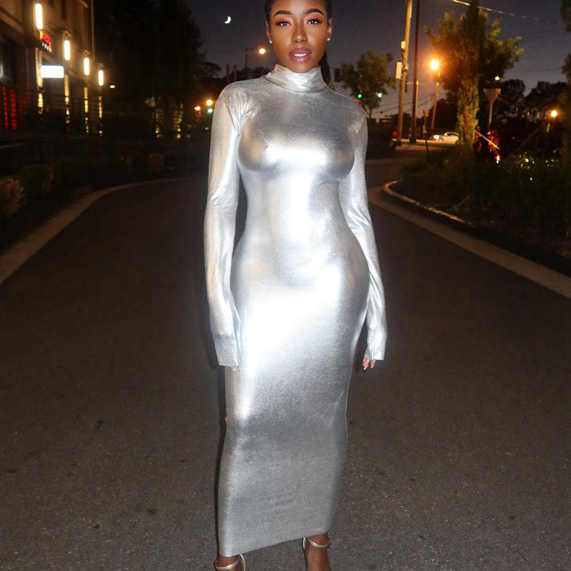 Women Clothing Metallic Coated Fabric Turtleneck Long Sleeve Waist Slimming Sheath Mid Length Dress Women