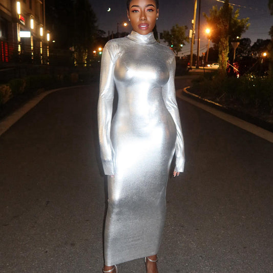 Women Clothing Metallic Coated Fabric Turtleneck Long Sleeve Waist Slimming Sheath Mid Length Dress Women