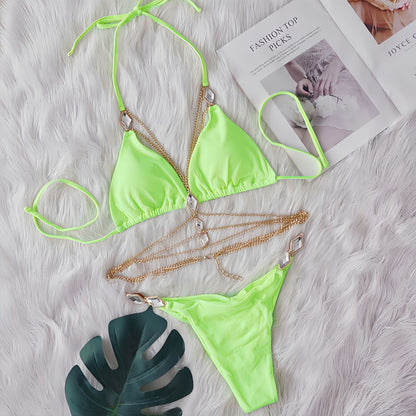 Sexy Bikini Crystal Diamond Body Cha Decorative Swimsuit Strap Split Beach Swimsuit Green