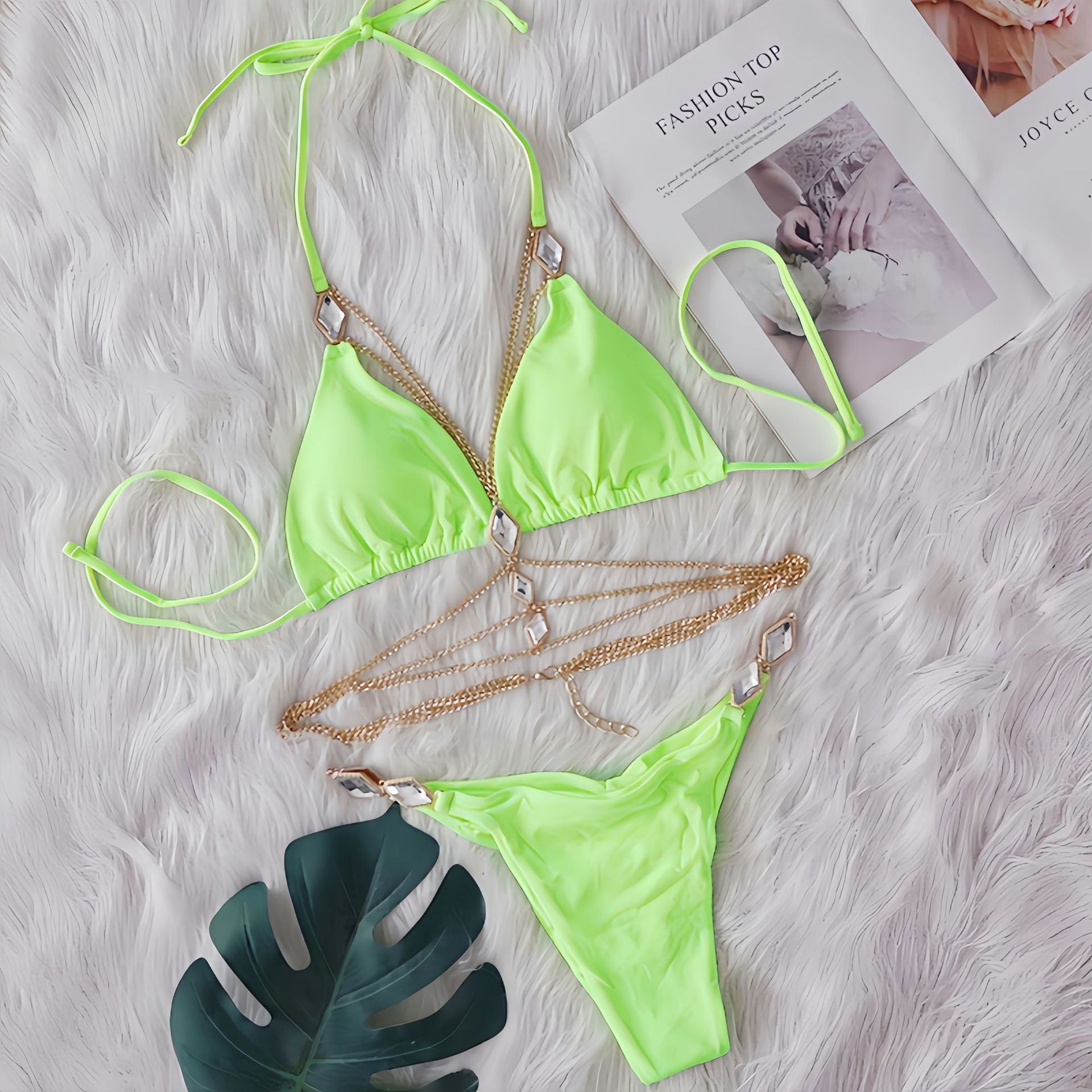 Sexy Bikini Crystal Diamond Body Cha Decorative Swimsuit Strap Split Beach Swimsuit Green
