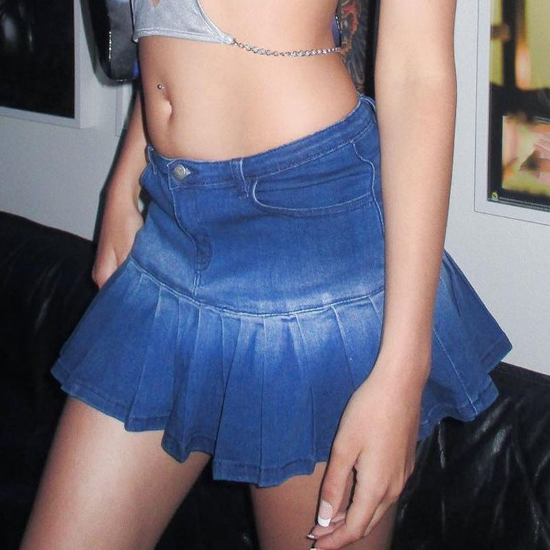 Pleated Cheerleading Stage Performance Denim Skirt Navy Blue