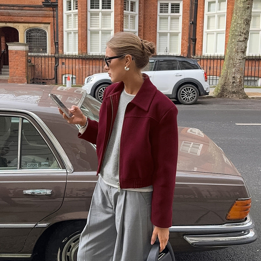Autumn Elegant Wine Red Collared Cropped Jacket All Matching Loose Zipper Coat