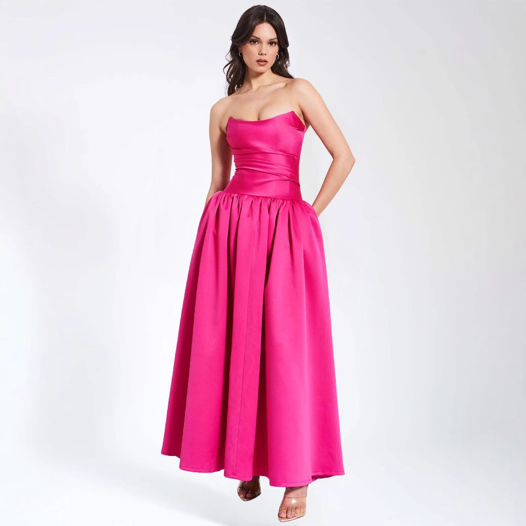 Summer Sling Dress - Waist Slimming Vacation Dress with French Rose Design Coral Red