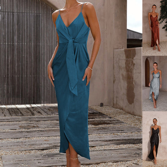 Spring Summer Sexy V neck Backless Slit Loose Sling Dress Women