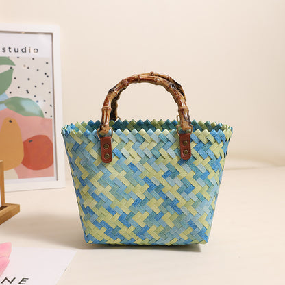 Retro Color Portable Straw Weaved Bag Square Hand Woven Bag Vacation Beach Bag Women Bag One Size Color Matching Bamboo Handle Green Small