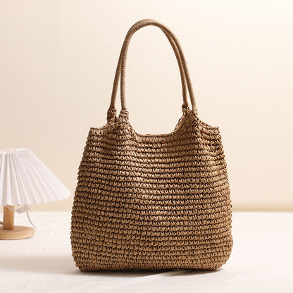 Large Capacity Tote Straw Bag Casual Shoulder Woven Bag Vacation Beach Bag Women Bag One Size Big One-Shoulder Knitted Coffee