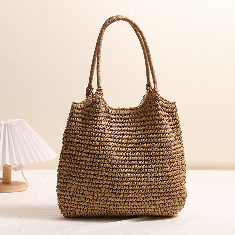 Large Capacity Tote Straw Bag Casual Shoulder Woven Bag Vacation Beach Bag Women Bag One Size Big One-Shoulder Knitted Coffee