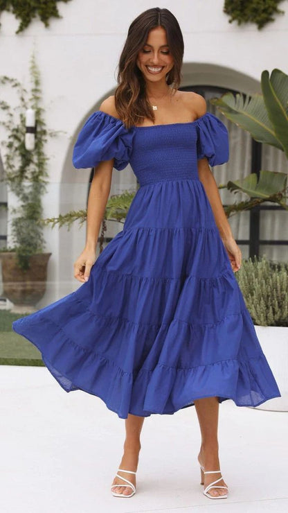 Holiday Sexy Slim Fit Backless Large Swing Dress off-Neck Printed Dress Summer Purplish blue