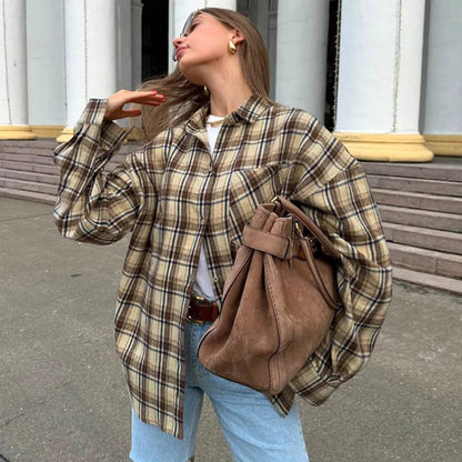 Retro Plaid Shirt Women Loose Long Sleeve Top Fall Winter Women