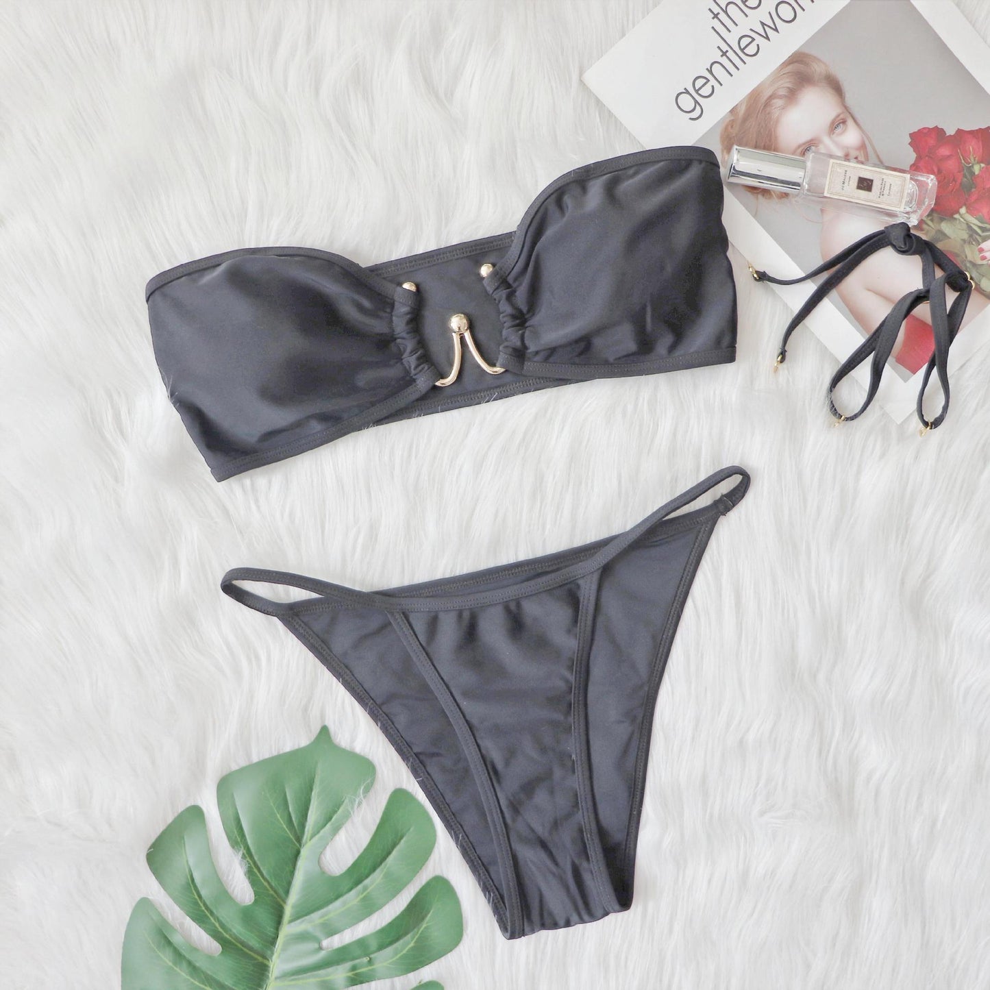 New Sexy Bikini Metal Accessories Hollow-out Swimsuit Solid Color Tube-Top Women Swimwear Black
