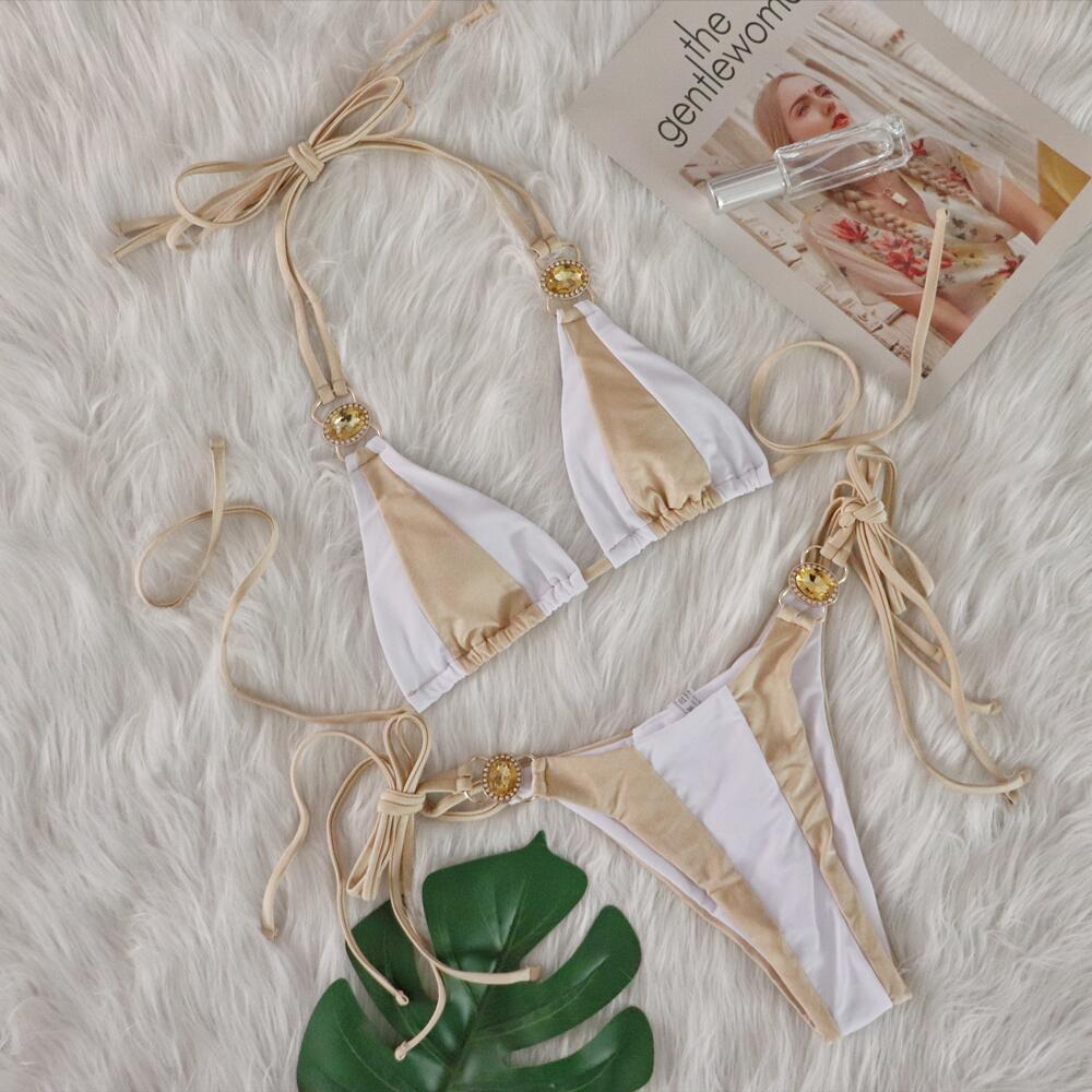 Sexy Crystal Diamond Bikini Solid Color Patchwork Bandage Swimsuit Vacation Split Women Swimsuit camel