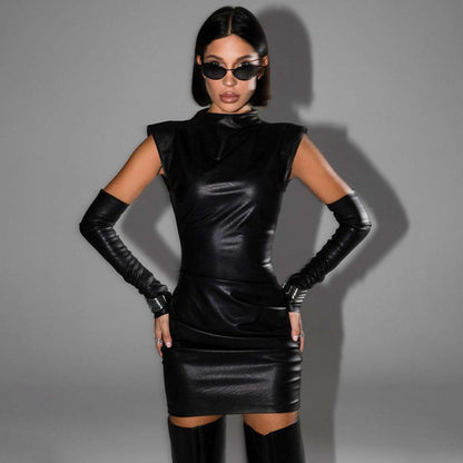 Women Clothing Street Hipster Faux Leather Stand Collar Sleeveless Oversleeve Sheath Pleated Dress