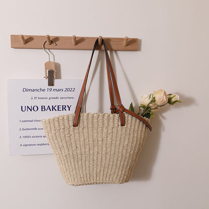 Simple Shoulder Straw Bag Large Capacity Woven Tote Women Bag Seaside Vacation Beach Bag One Size No Hanging Rice