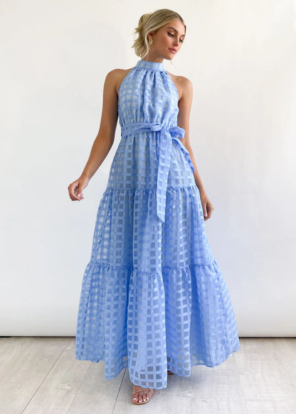 Spring Summer Stand Collar Solid Color Plaid Retro Maxi Dress Casual Dress for Women