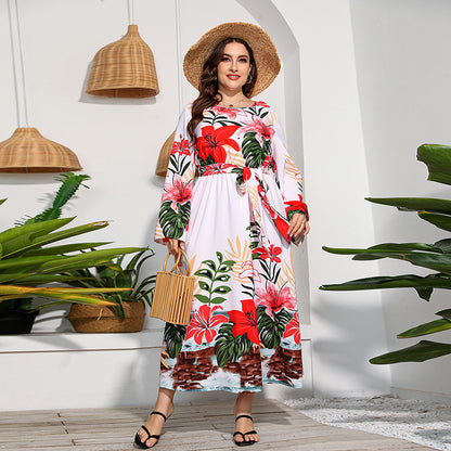 Plus Size Printed Long Sleeve Dress High Waist Lace up Vacation Swing Maxi Dress White