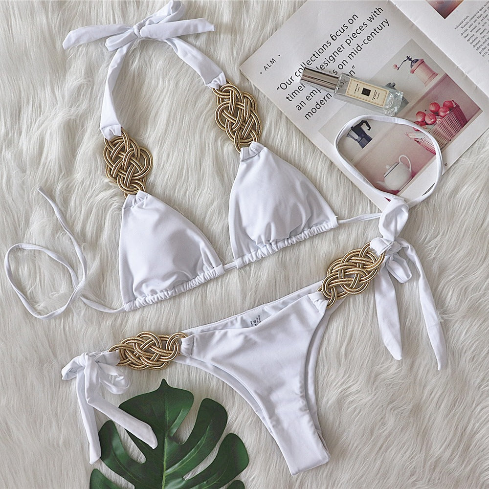 Bikini Solid Color Split Swimsuit Sexy Hand-Woven Women Swimwear White