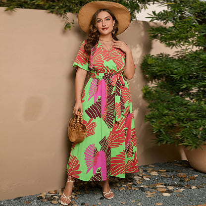 Plus Size Dress Summer Art Painted Floral Elastic Waist Short Sleeve Dress Green Orange