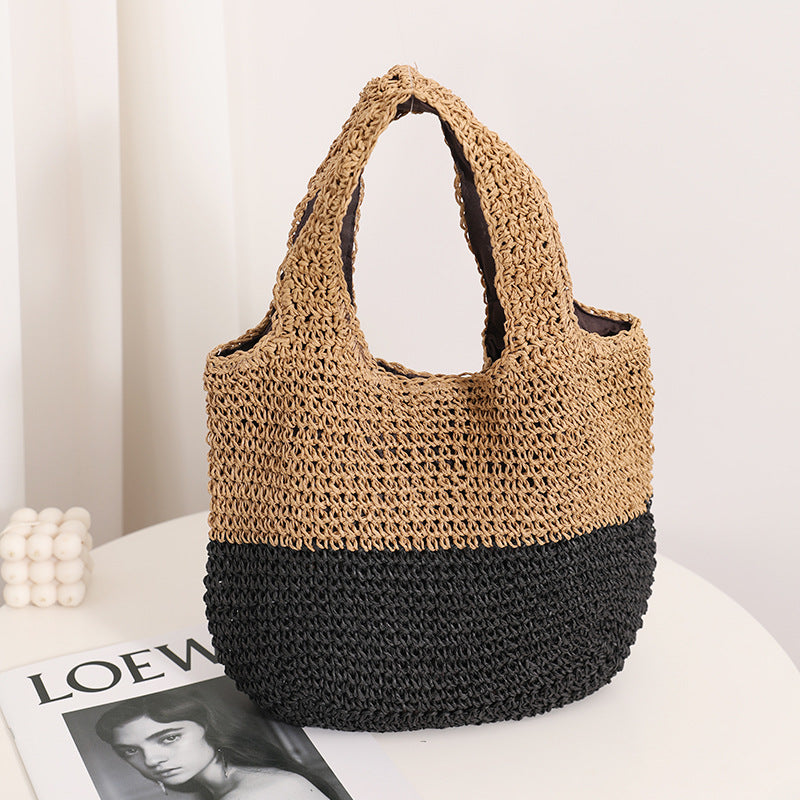 Color Matching Casual Portable Straw Weaved Bag Special Interest Design Contrast Color Woven Bag Wrist Bag Seaside Vacation Beach Bag One Size Multi