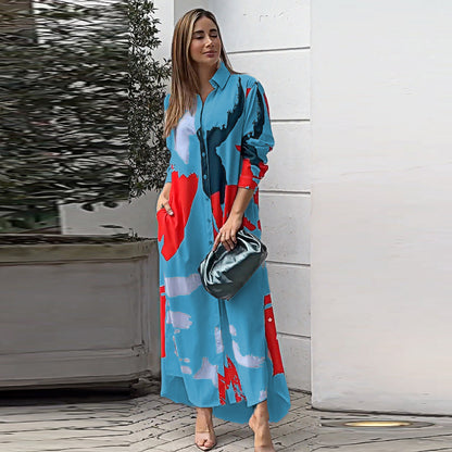 Autumn Printed Shirt Collar Loose Waist Dress Women Sky Blue Background Red