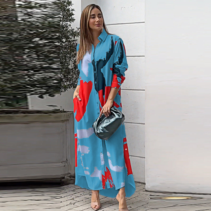 Autumn Printed Shirt Collar Loose Waist Dress Women Sky Blue Background Red