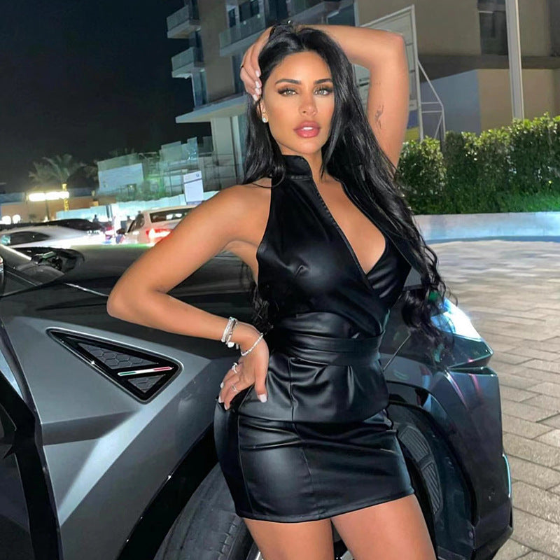 Autumn Winter Women Clothing Backless Sexy Low Cut Slim Fit Belt Sheath Dress Women