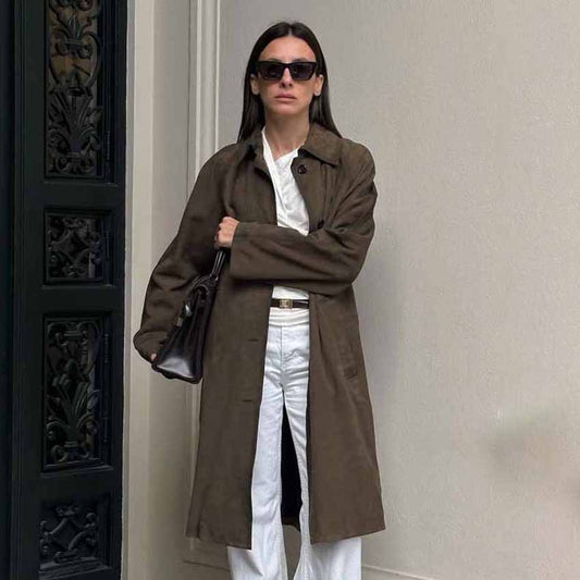 Spring Summer Casual Retro Classic Brown Long Knitted Suede Fabric Long Sleeve Overall Trench Coat Women
