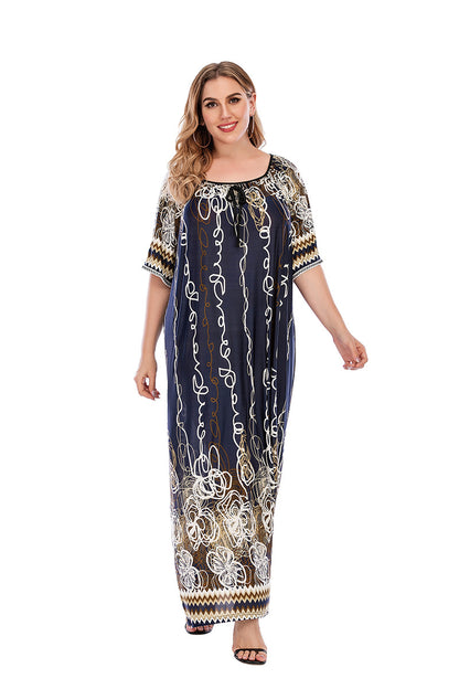 Plus Size Women Loose Home Wear Short Sleeve Dress Floral Print Maxi Dress Purplish Blue