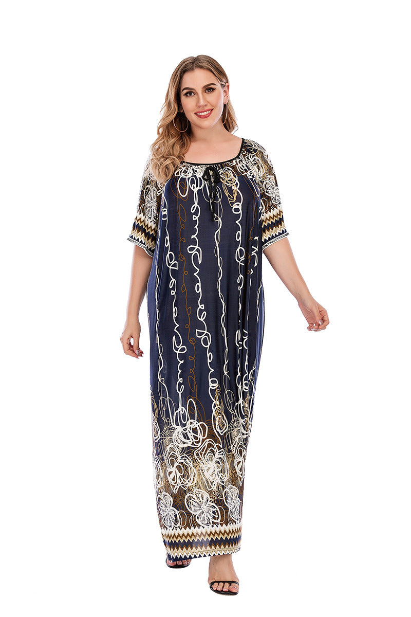 Plus Size Women Loose Home Wear Short Sleeve Dress Floral Print Maxi Dress Purplish Blue