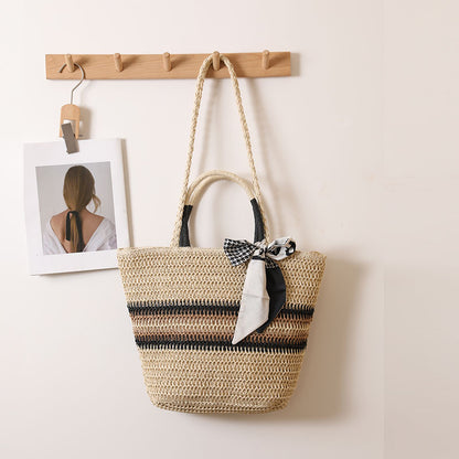 Striped Shoulder Straw Bag Silk Scarf Woven Tote Women Seaside Vacation Beach Bag One Size Double-Handle Woven Striped Rice Scarf