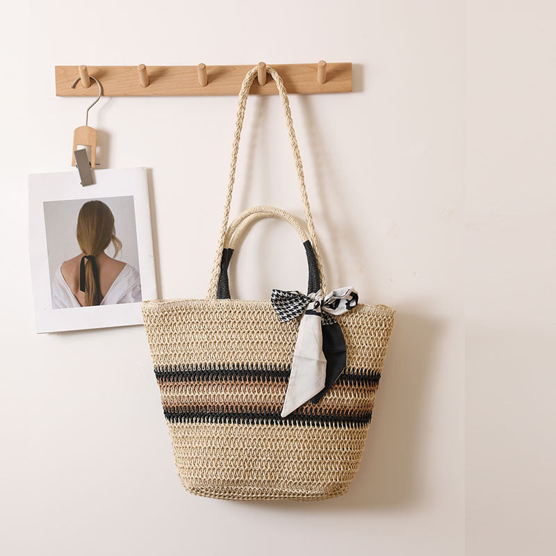 Striped Shoulder Straw Bag Silk Scarf Woven Tote Women Seaside Vacation Beach Bag One Size Double-Handle Woven Striped Rice Scarf