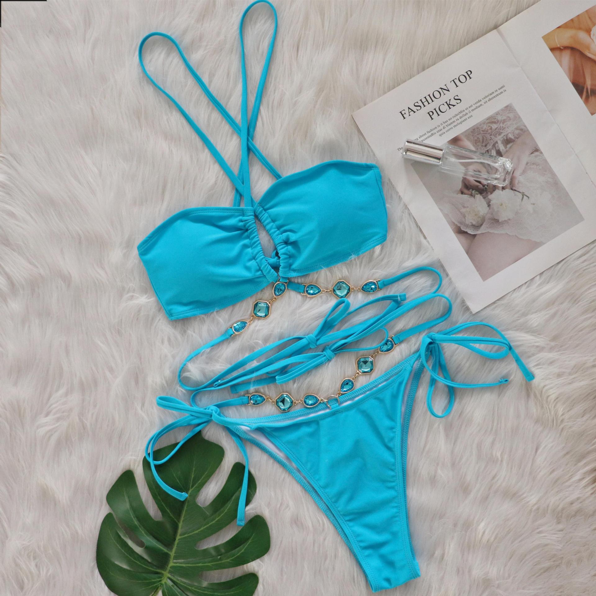Sexy Crystal Diamond Bikini Halter Cross Strap Split Women Swimsuit Beach Vacation Swimsuit Turquoise